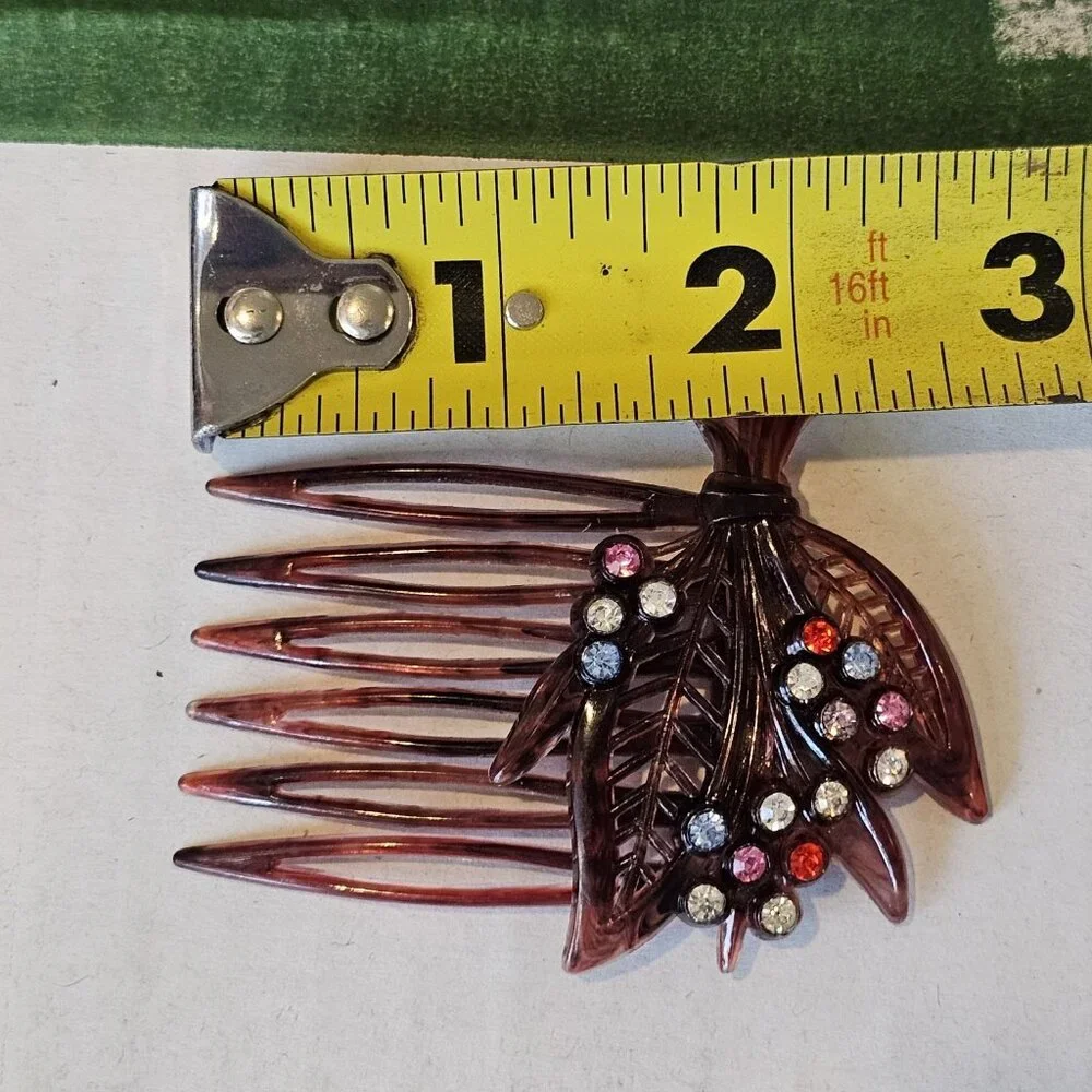 Vintage Tortoiseshell Hair Comb Brooch Jewels Rhinestones Austria Bouquet Leaves